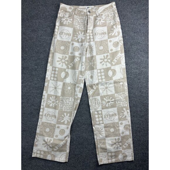 Smiley x H&M Jeans Women's 6 Beige White Checkered Smile Print Loose Straight - Picture 1 of 12